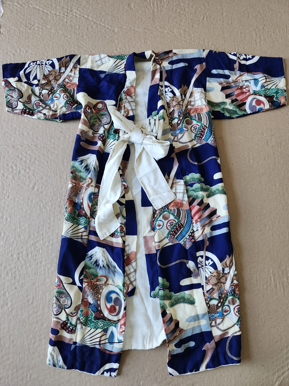 Vintage Navy and Cream Printed Kimono-Style Pajama Robe For Kids